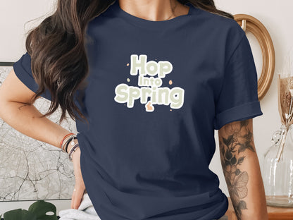 Hop Into Spring Bunny Graphic Design Navy Shirt product type