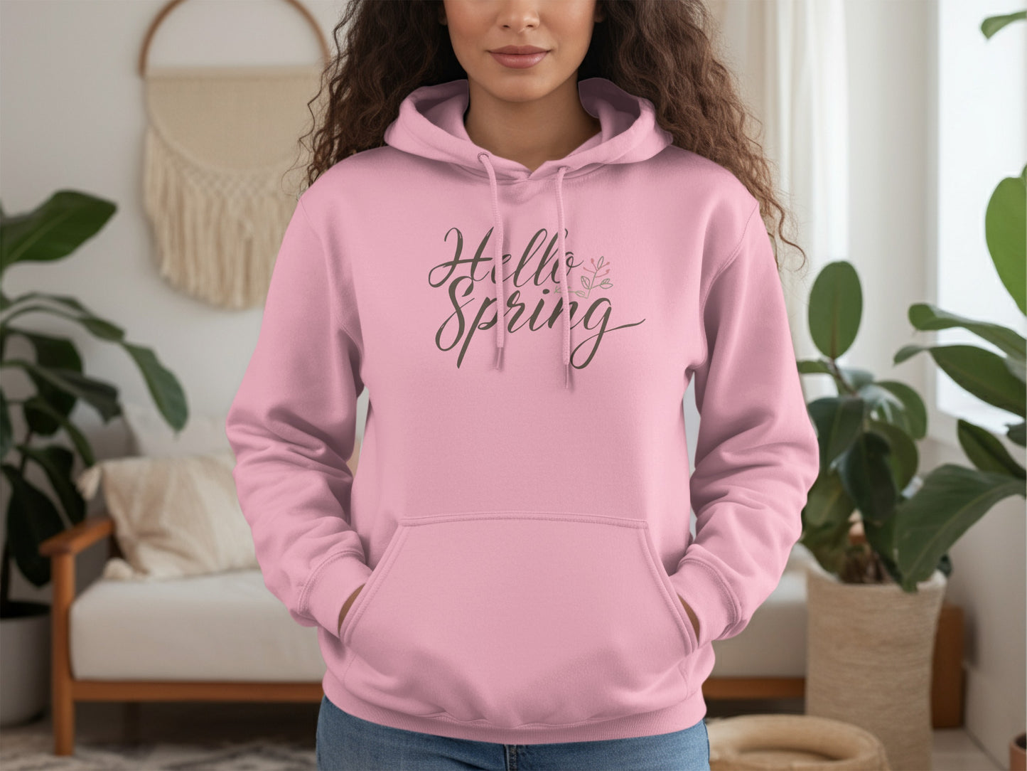 Hello Spring Pink Hoodie Casual Cozy Design Top