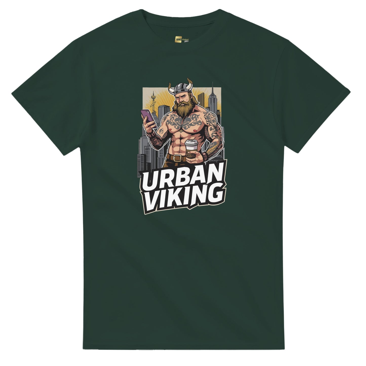 Person wearing a gray t-shirt with 'Urban Viking' graphic design in an indoor setting