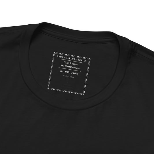Black t-shirt with "Grim Reaper The Final Harvester" print.