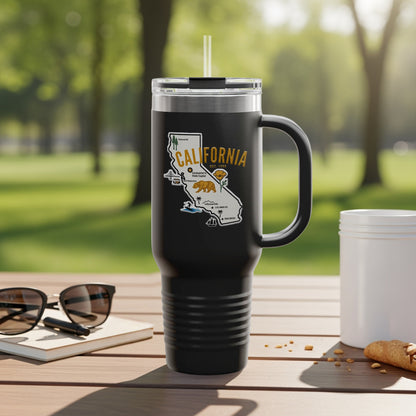 Travel tumbler with California map and cities illustration.
