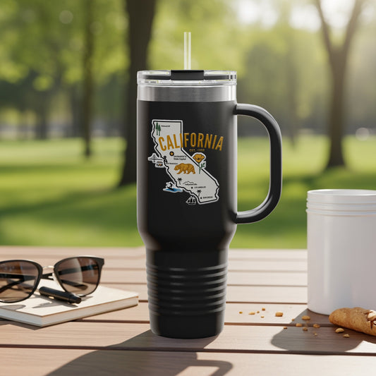 Travel tumbler with California map and cities illustration.