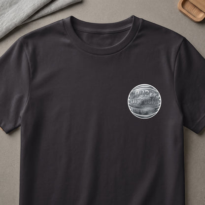 Dark gray t-shirt with metallic silver Cooper Disposal logo and phone number.