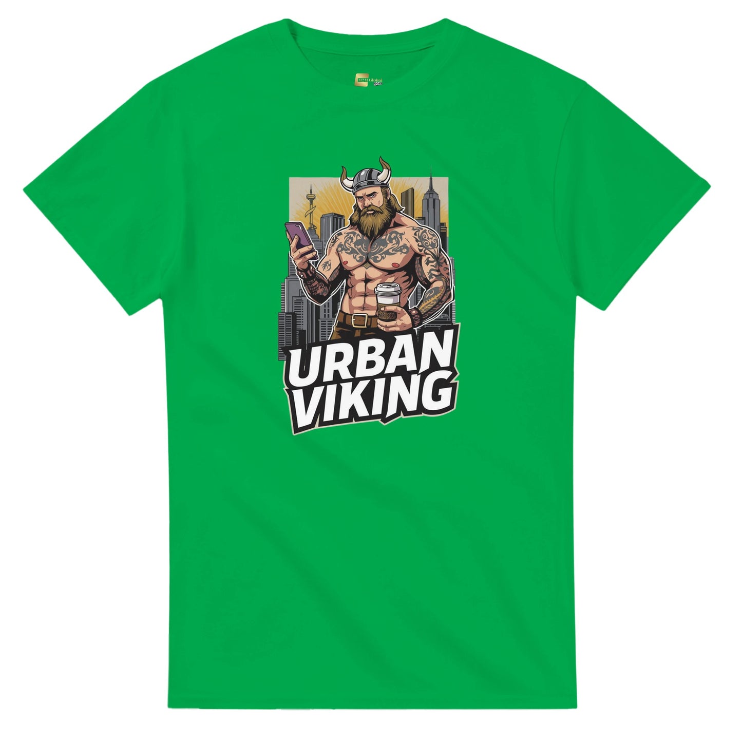 Person wearing a gray t-shirt with 'Urban Viking' graphic design in an indoor setting