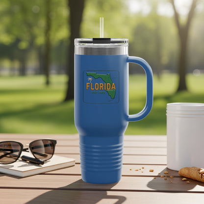 Blue travel mug with Florida outline and "State Pride" text.