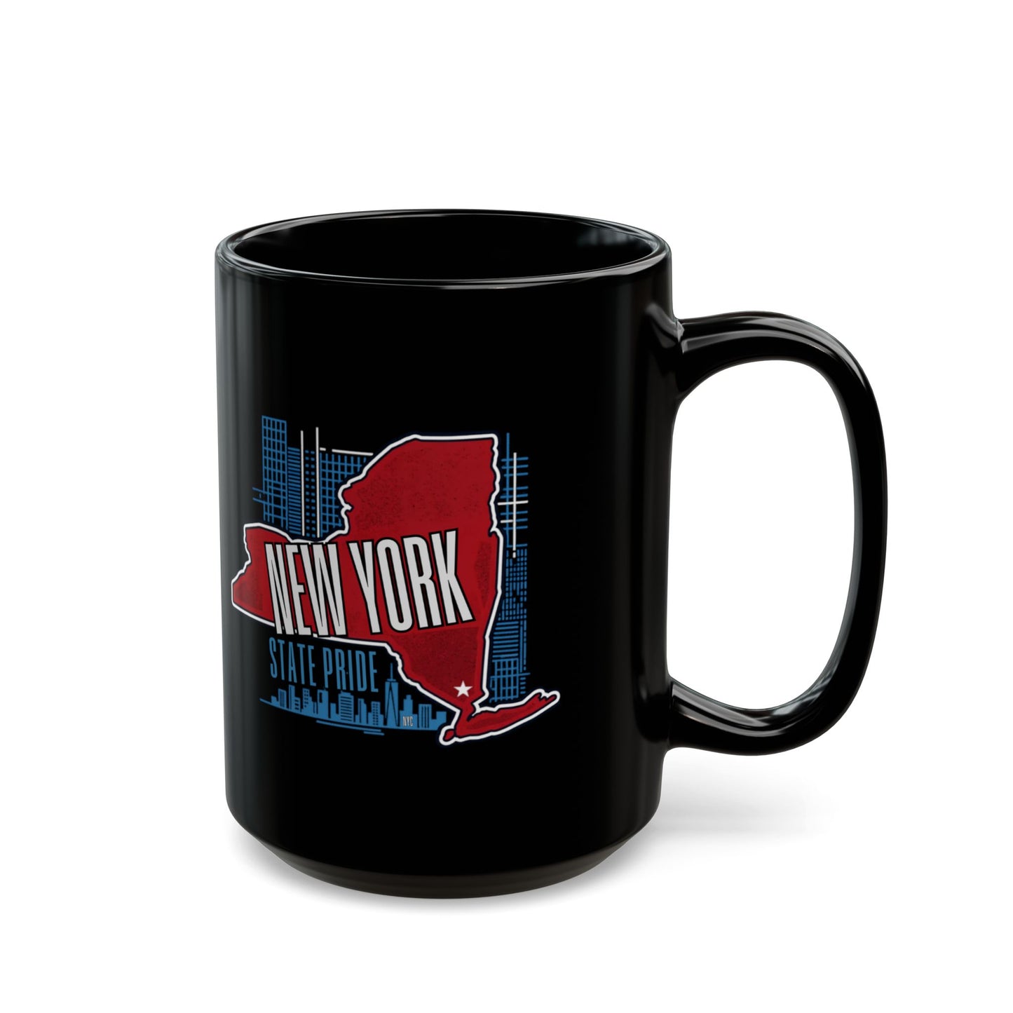 Black mug with New York state outline and text.
