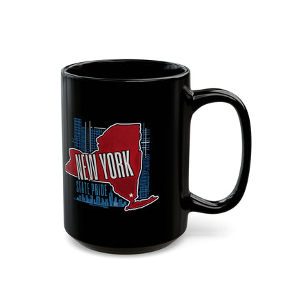 Black mug with New York state outline and text.