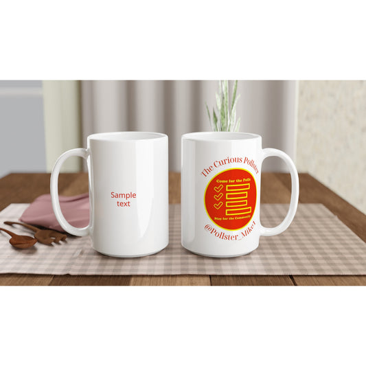 Curious Pollster logo on a 15oz ceramic mug