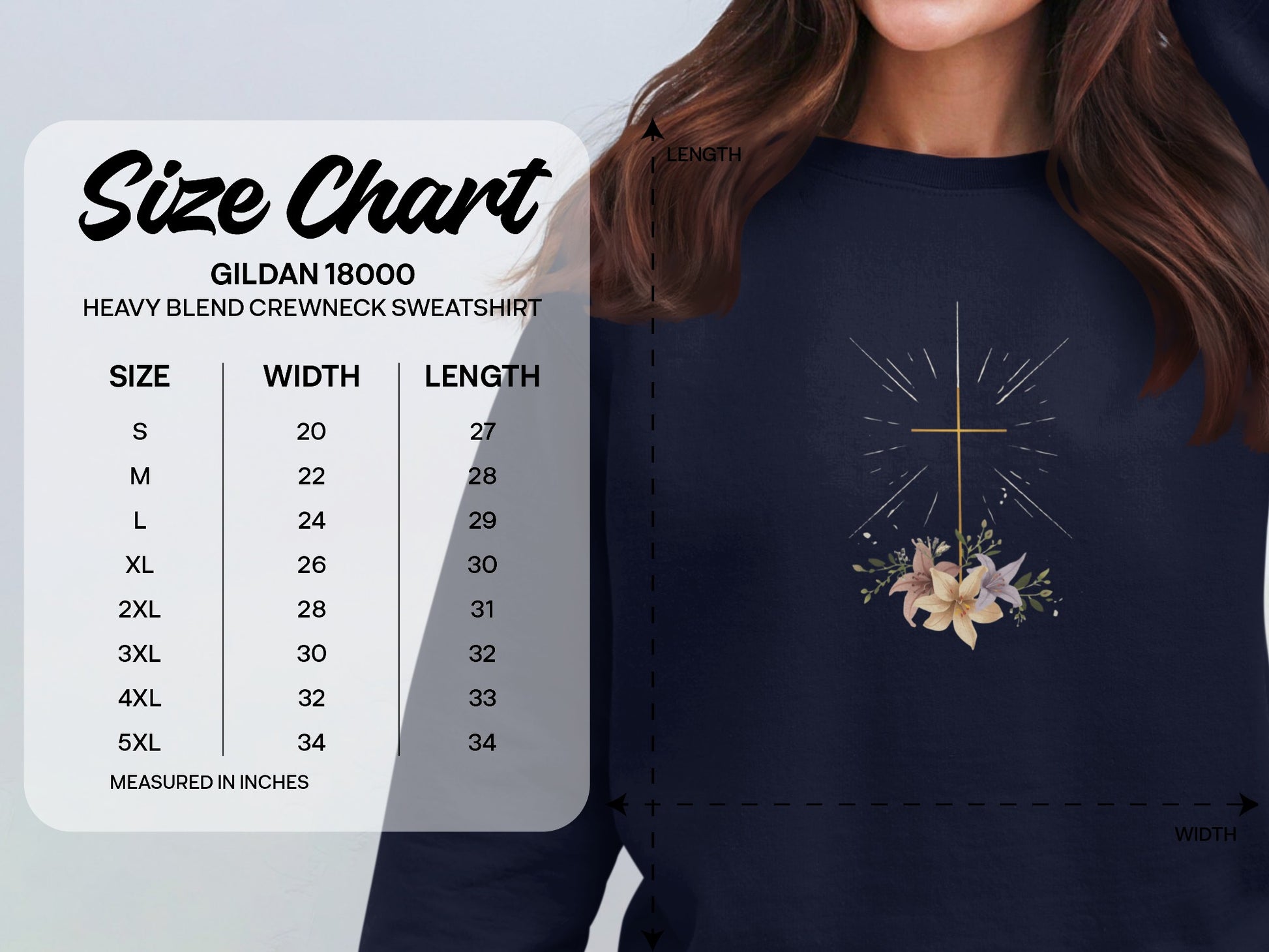 Gildan 18000 sweatshirt size chart with measurements in inches.