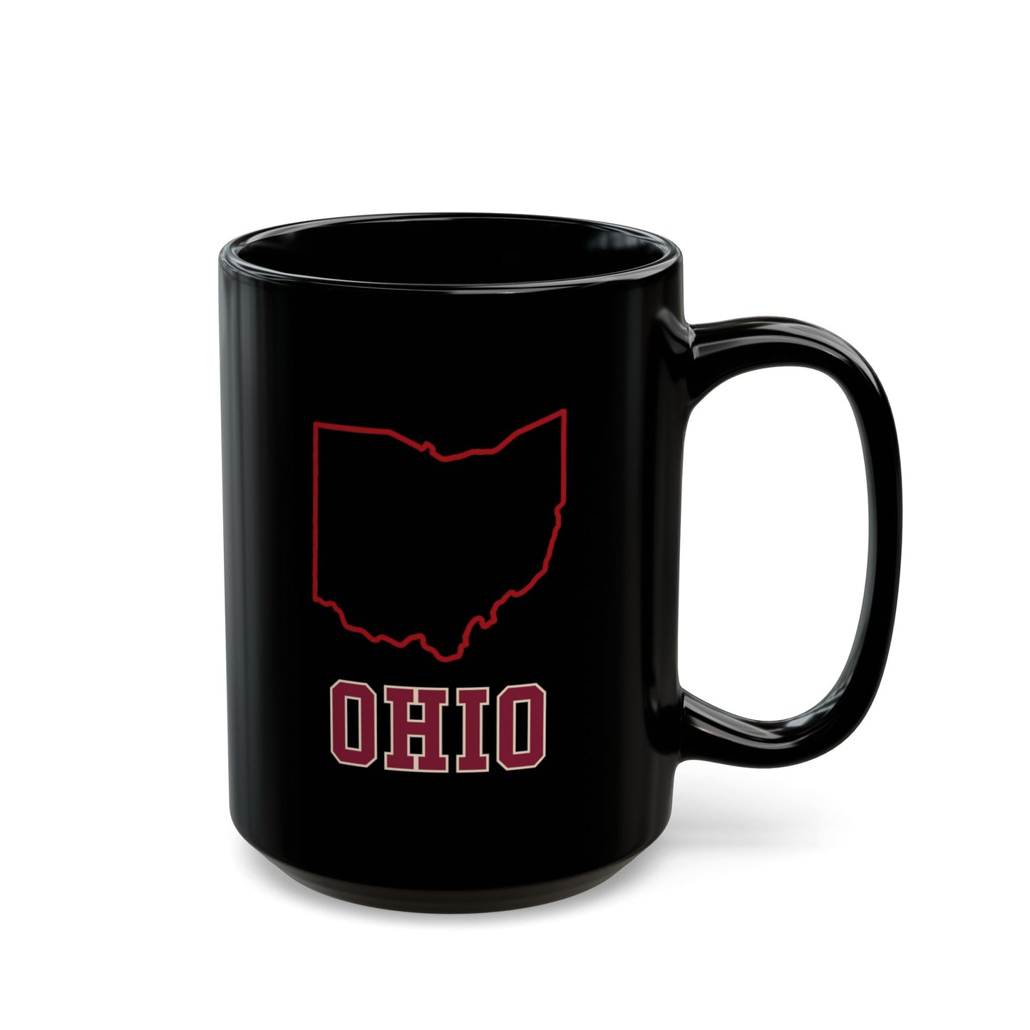 Black mug with Ohio outline and "OHIO" text in maroon and white.