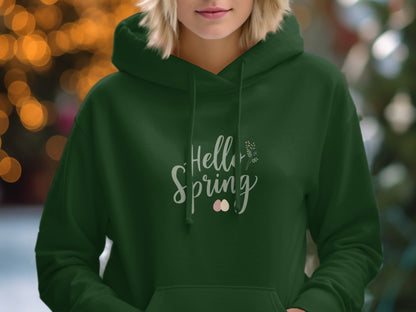 Cozy Green Hoodie with Hello Spring Graphic Design