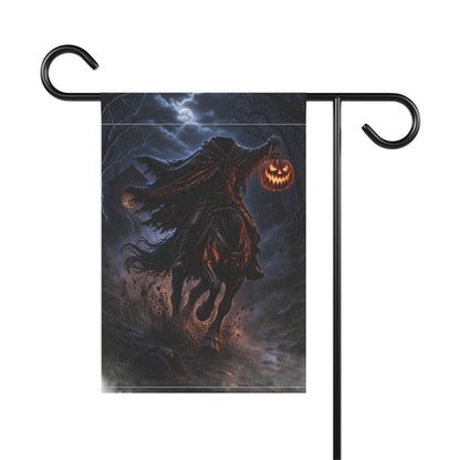 The Headless Horseman rides on a stormy night, holding a glowing jack-o'-lantern.