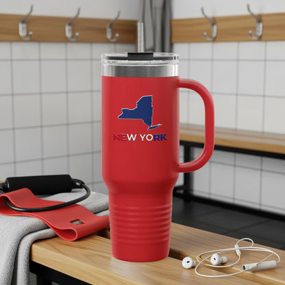 Red tumbler with New York map outline and text.