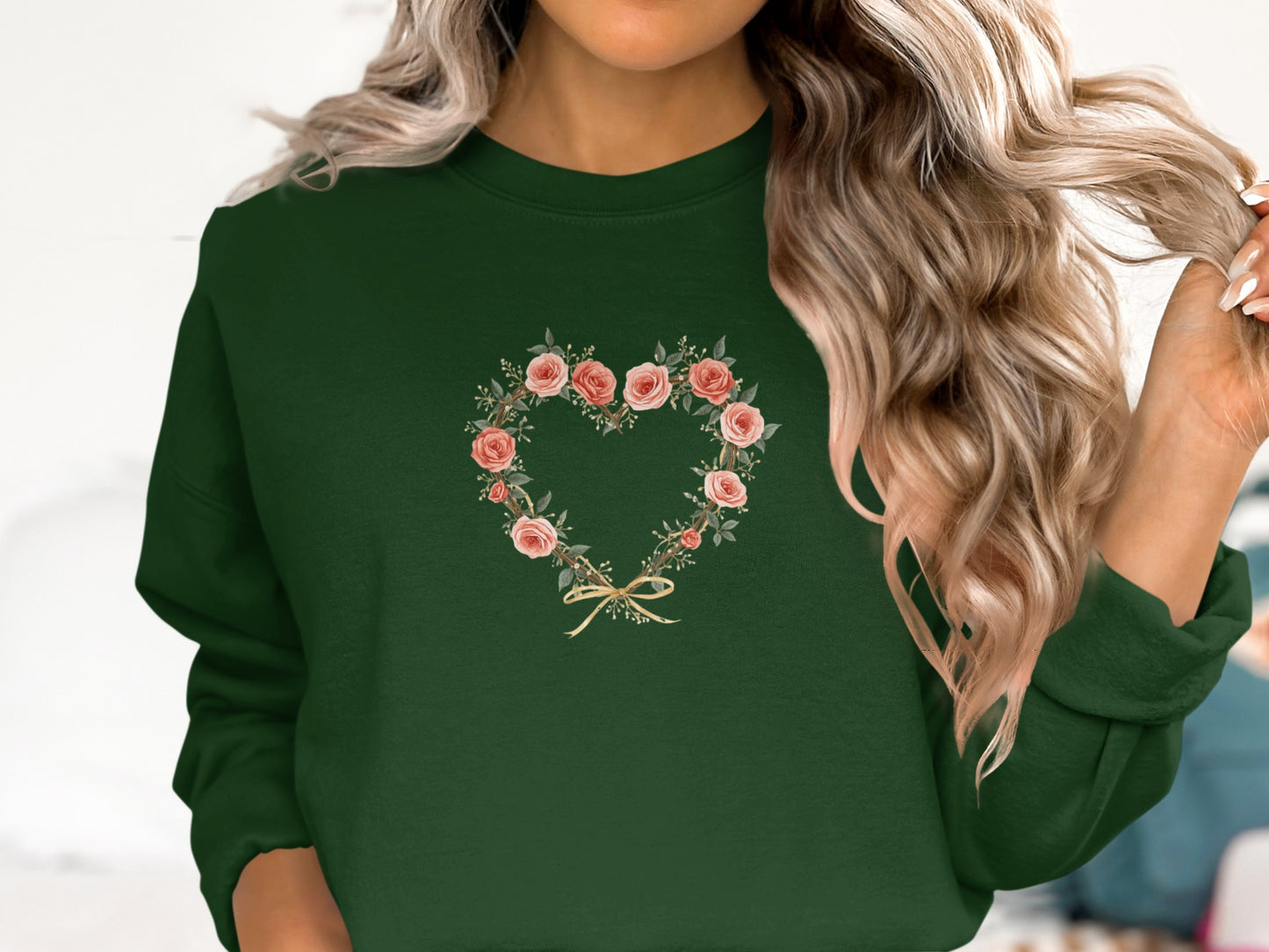 Floral Heart Wreath Design on Green Shirt