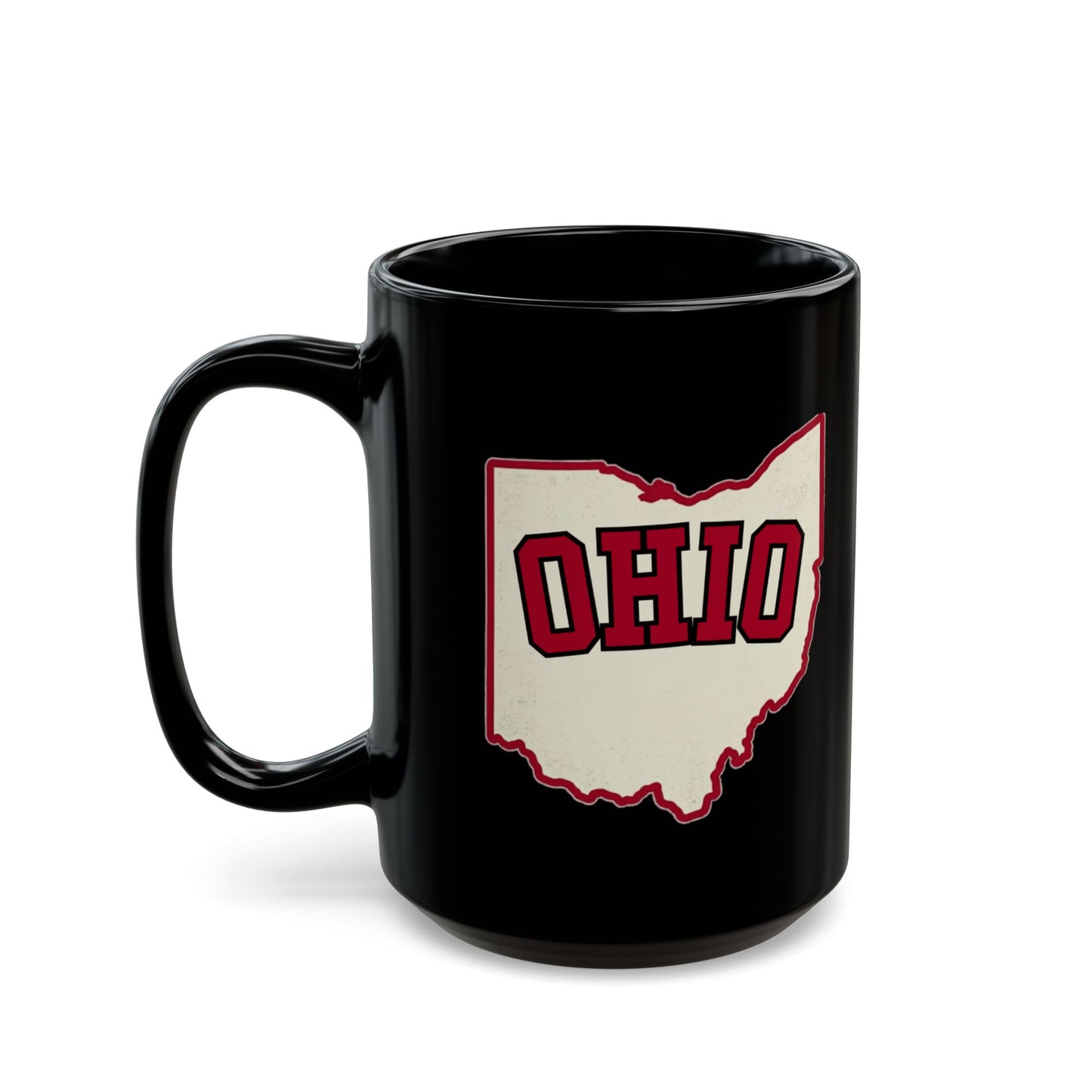 Black mug with "OHIO" text within a cream-colored outline of the state.