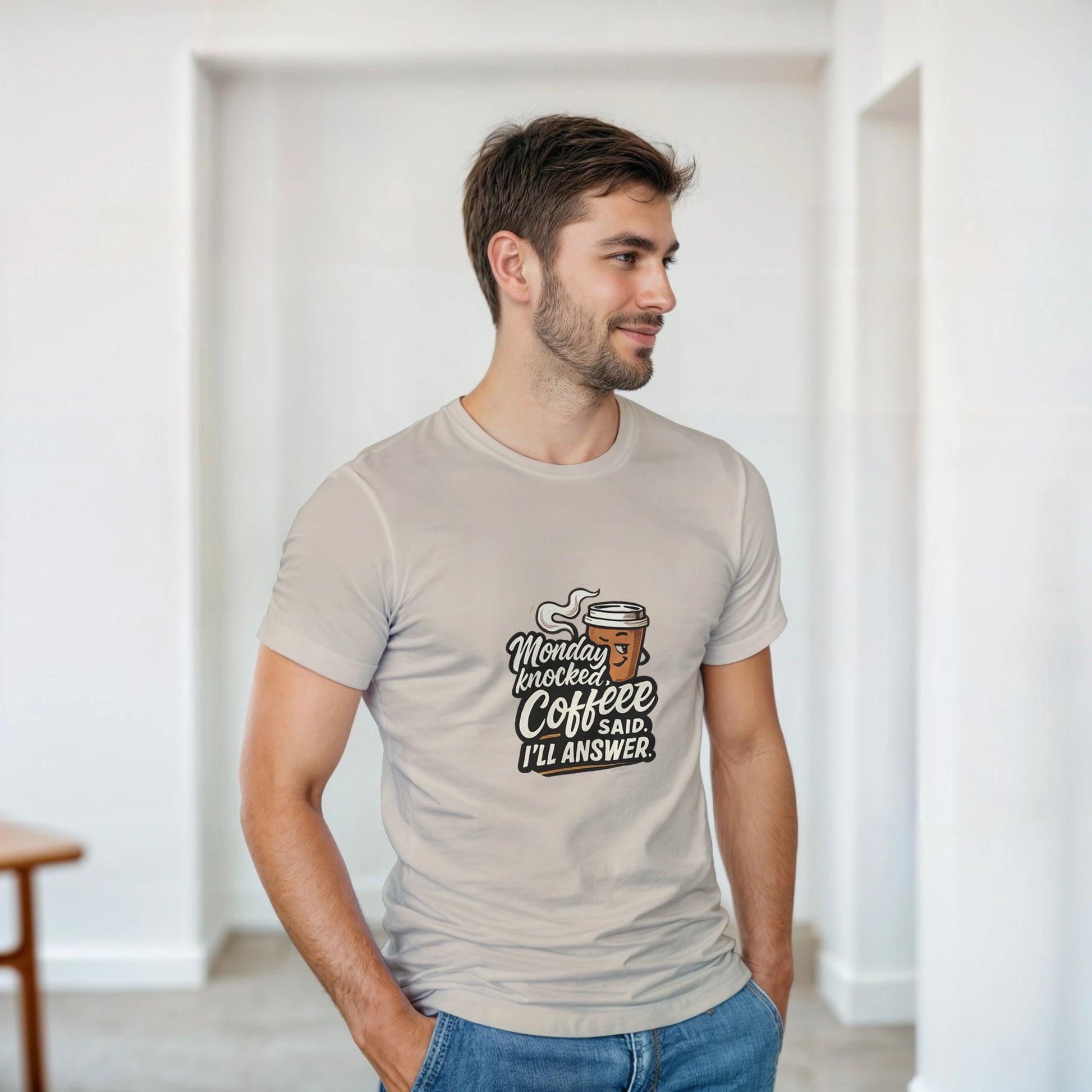 Monday Knocked, Coffee Said. I'll Answer on a Heavyweight Morning Hero T on a Shirt
