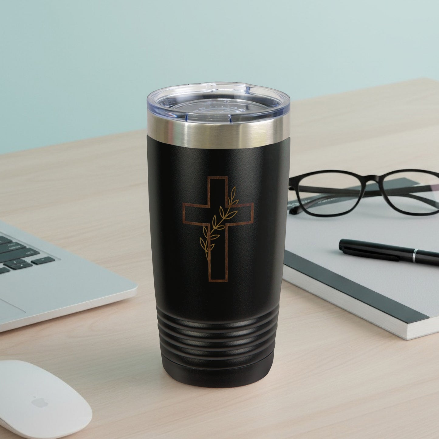 Black Cross Leaves Design Travel Tumbler product type