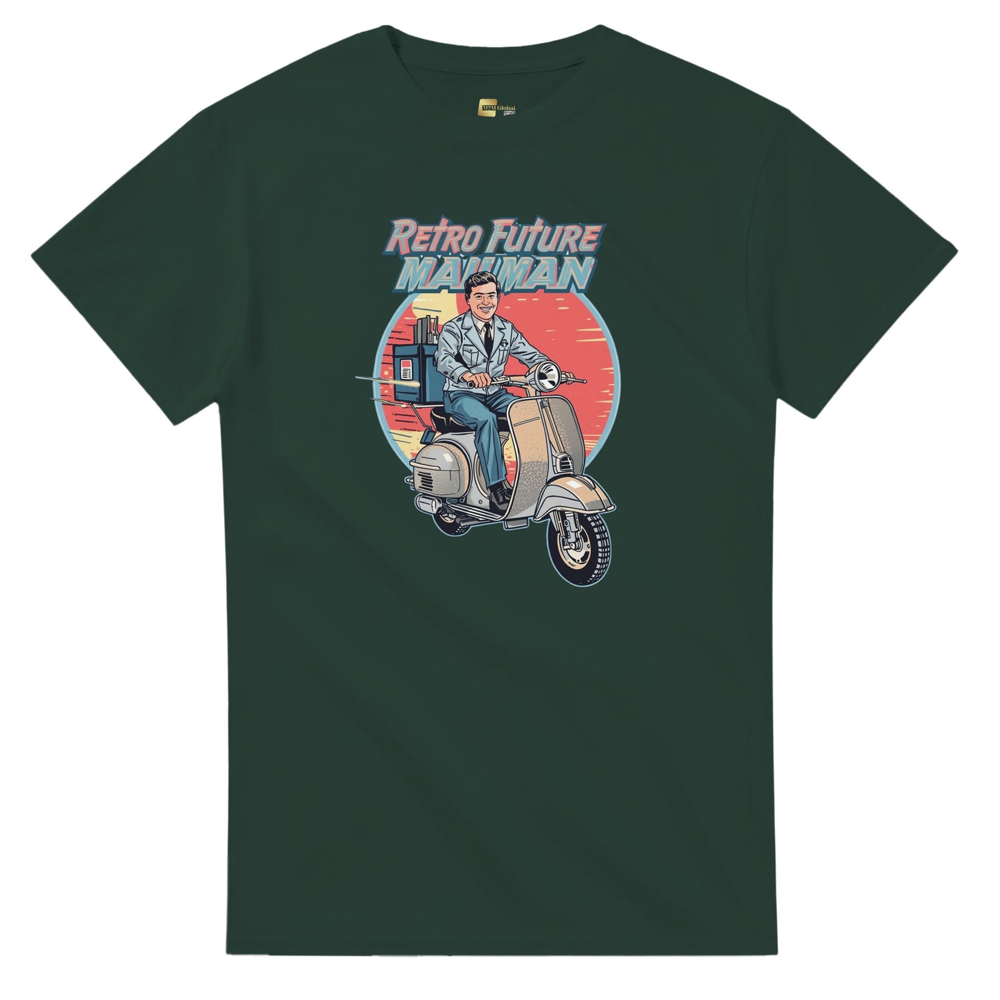 Man wearing a t-shirt with a retro design of a man on a scooter.