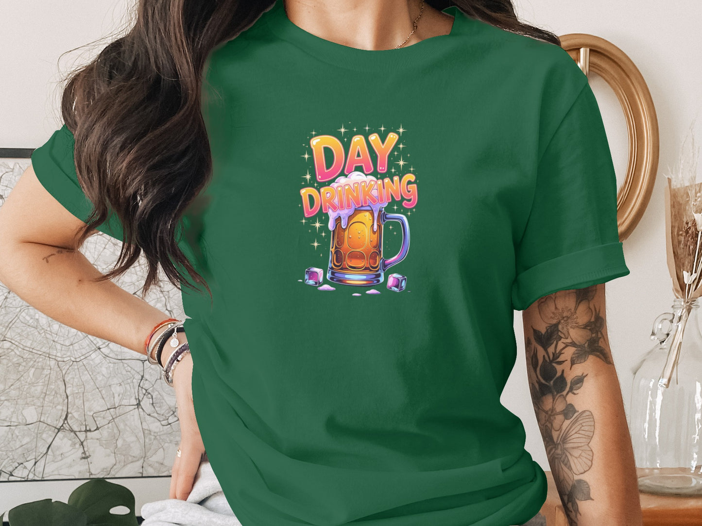 Day Drinking Graphic Design on Green Shirt Product