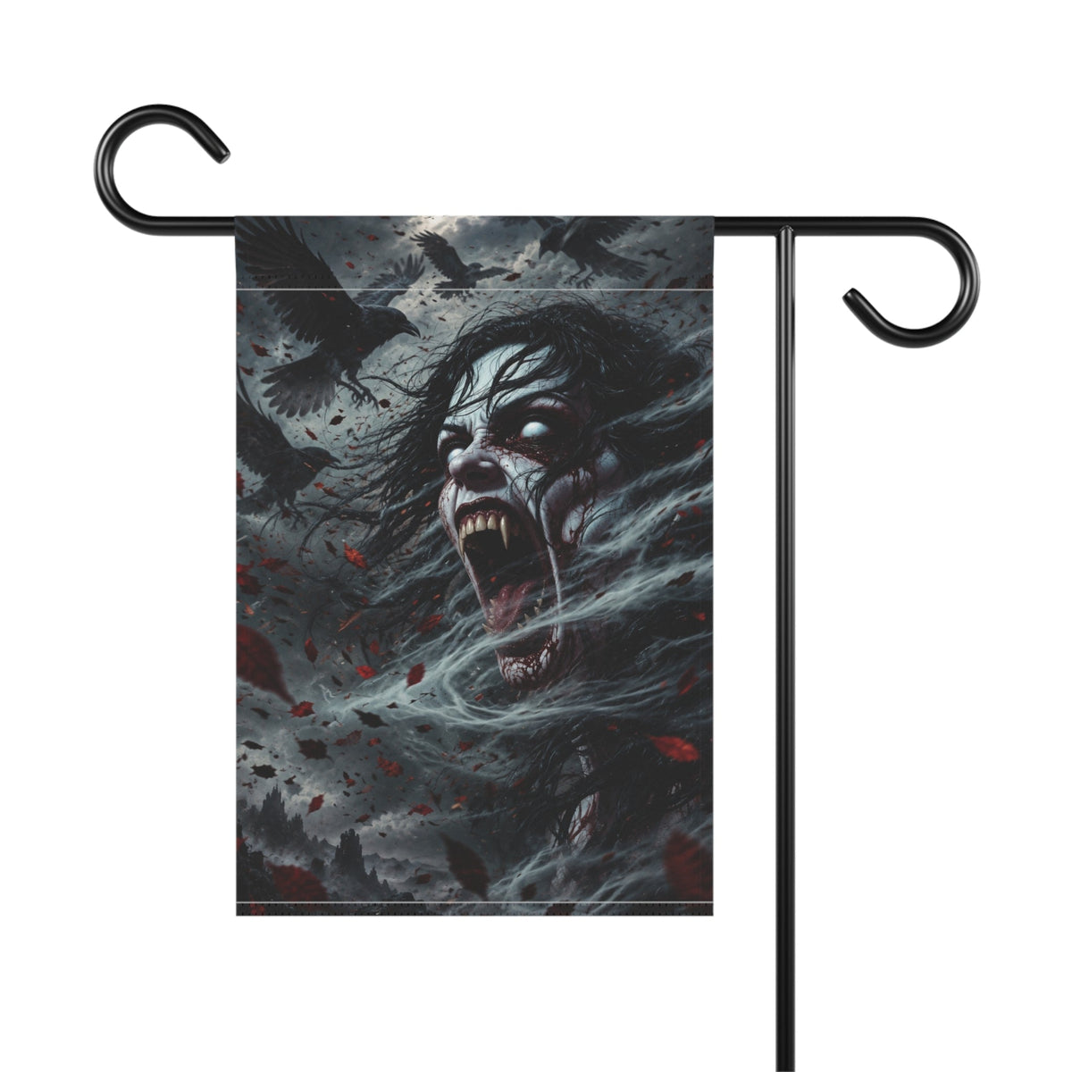 Screaming banshee figure surrounded by crows and red leaves.