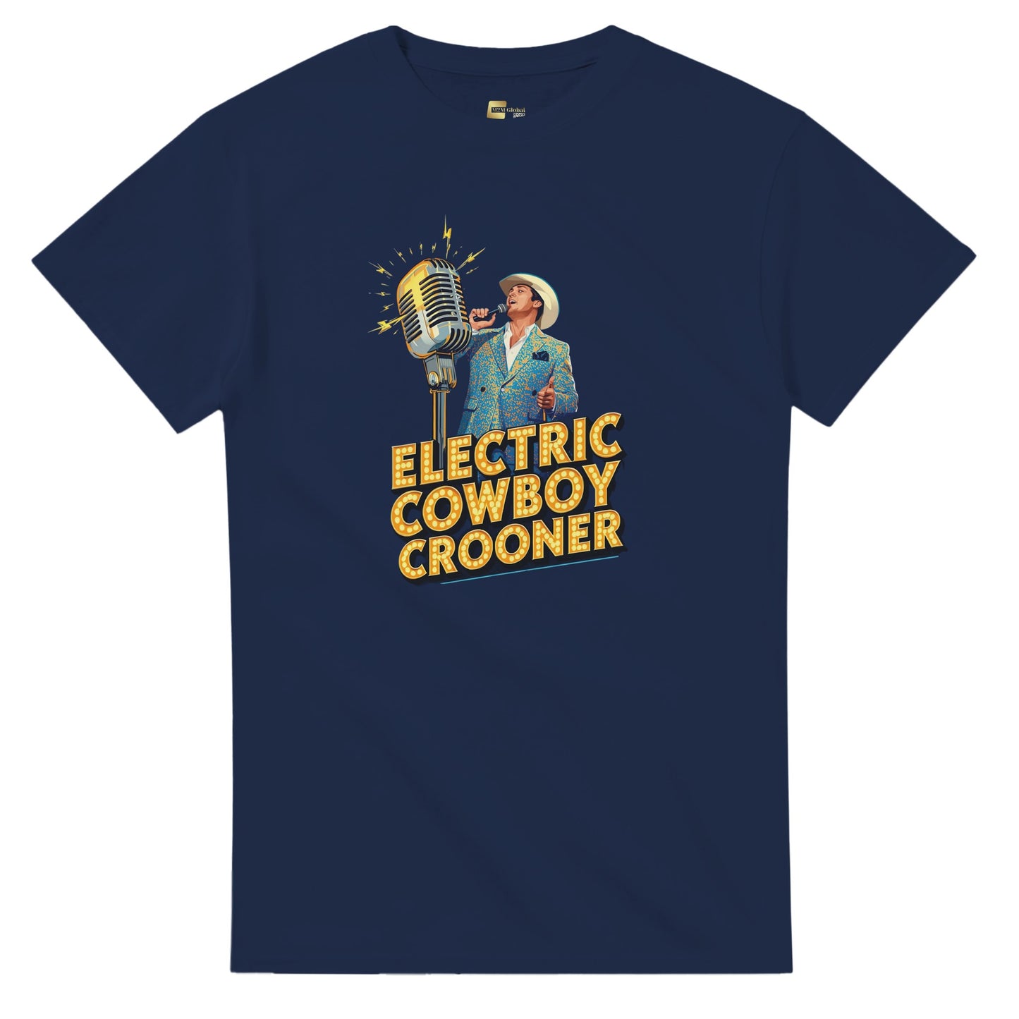 Person wearing a blue t-shirt with 'Electric Cowboy Crooner' design in a mall setting