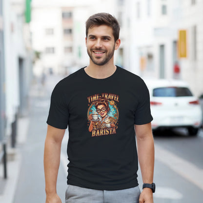 Time-Travel Barista graphic design on a Heavyweight T-shirt