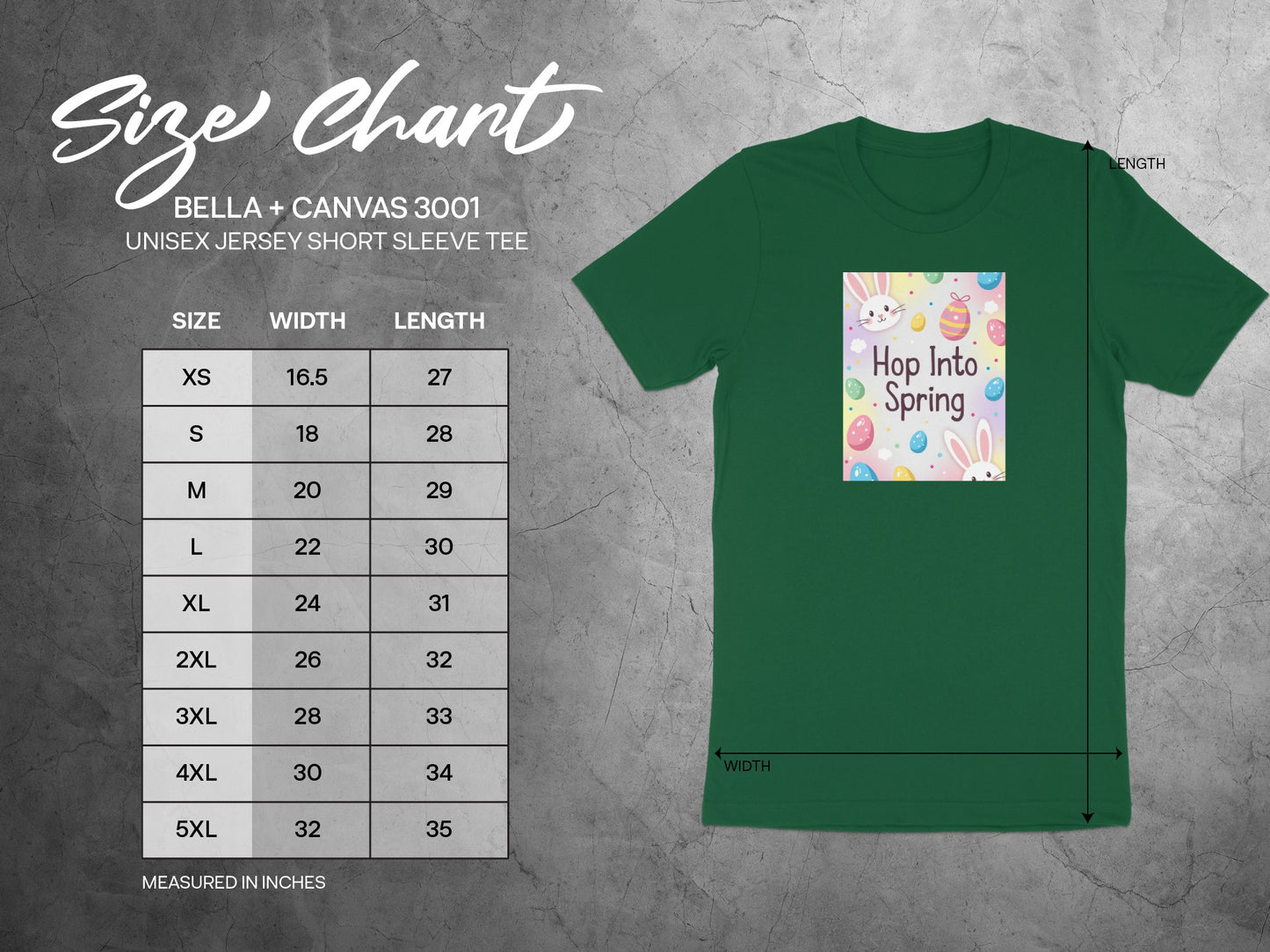 Hop Into Spring Easter Bunny Eggs Unisex Tee product type
T-shirt, Easter shirt, Spring shirt, Bunny shirt, Easter eggs shirt, Hop Into Spring, Unisex tee, Green t-shirt, Graphic tee, Holiday apparel, Seasonal clothing, Cute bunny design, Jersey t-shirt, Short sleeve, Apparel gift, Festive tee, Animal graphic, Spring holiday, Easter outfit, Bella Canvas 3001