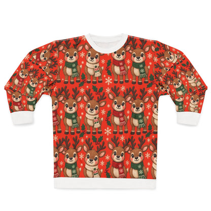 Red crewneck sweatshirt with a repeating pattern of cute cartoon reindeer wearing scarves.