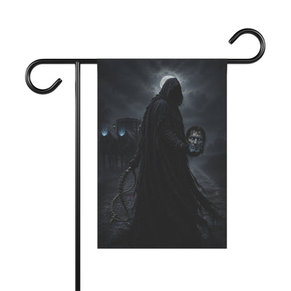 Dullahan headless rider holds his own glowing head aloft beside a black horse in misty moonlight.