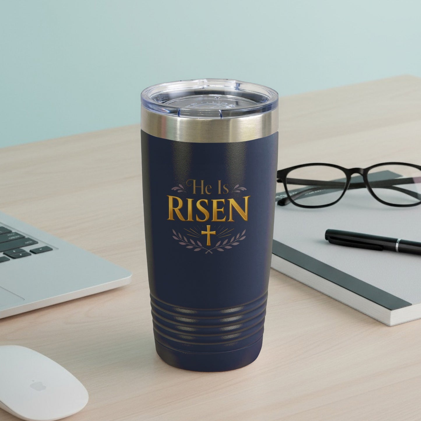 He Is RISEN Gold Cross Laurel Navy Ridged Tumbler product type