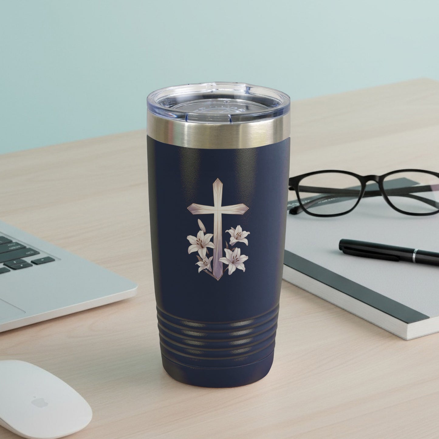 Dark Blue Cross Lilies Religious Faith Tumbler product type