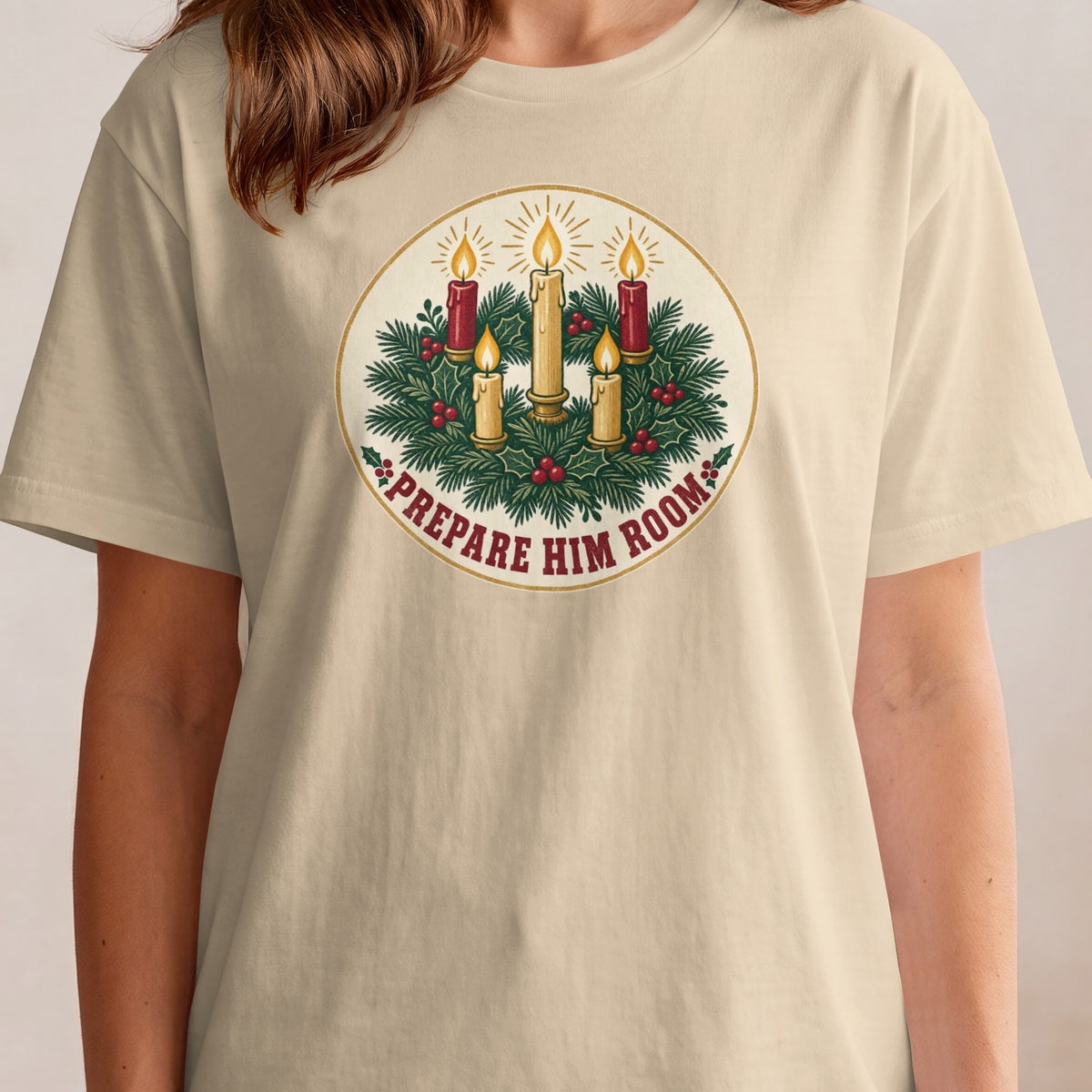 Light cream t-shirt with Christmas wreath graphic and "Prepare Him Room" text.