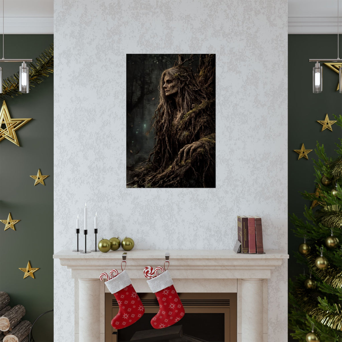 Gnarled tree spirit with mossy roots and long hair on dark forest background.
