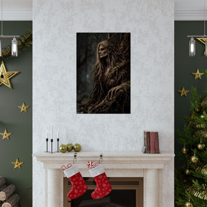 Gnarled tree spirit with mossy roots and long hair on dark forest background.