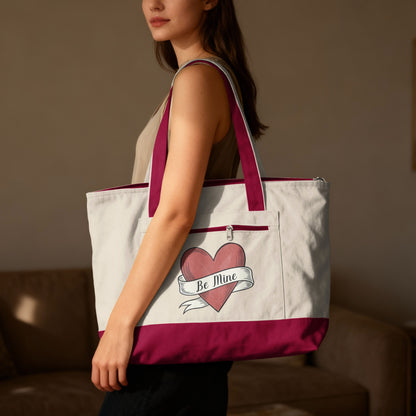 Be Mine Heart Design Large Tote Bag with Pink Trim