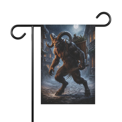 Furry Krampus with horns, carrying a basket and birch branches in a snowy village.