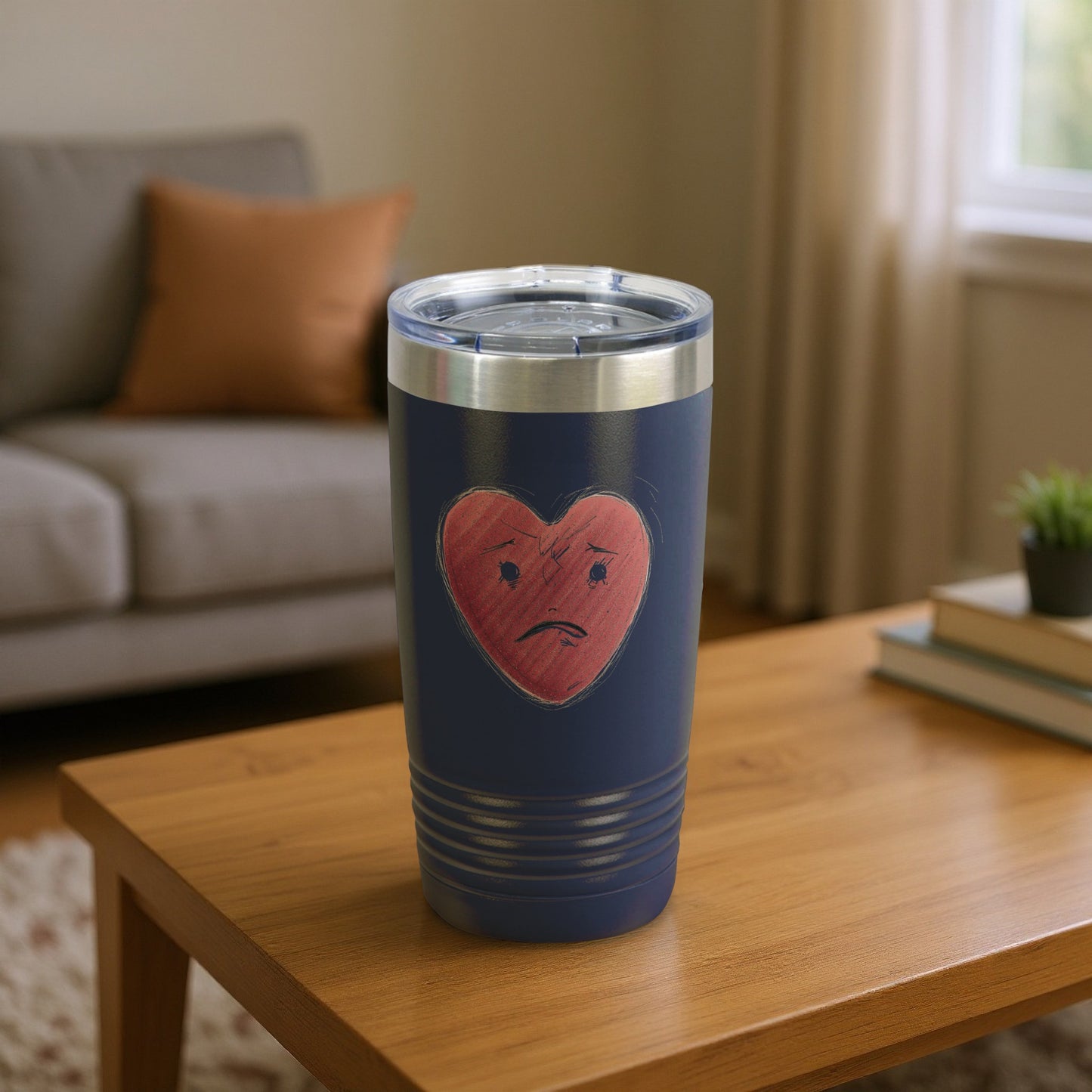 Sad Red Heart Face on Blue Background Tumbler
