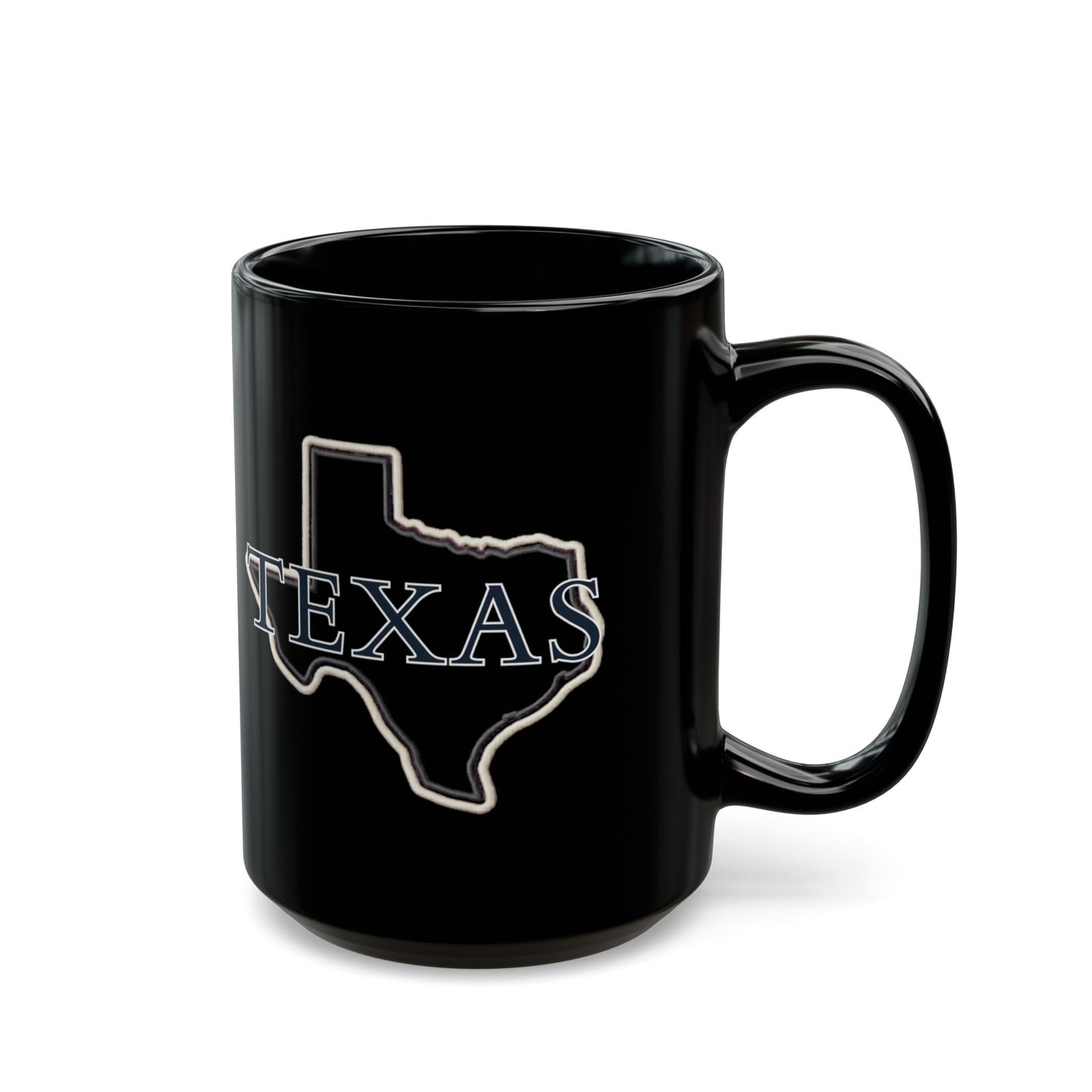 Black mug with "TEXAS" text overlaid on a Texas state outline.