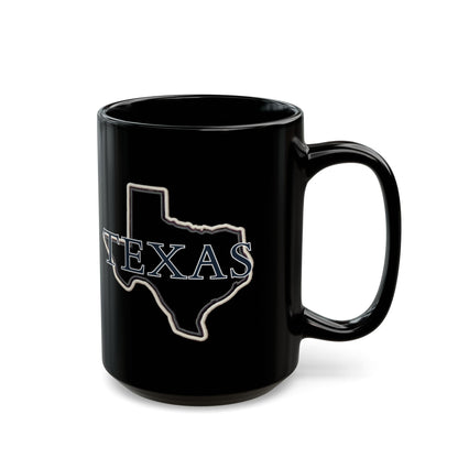 Black mug with "TEXAS" text overlaid on a Texas state outline.