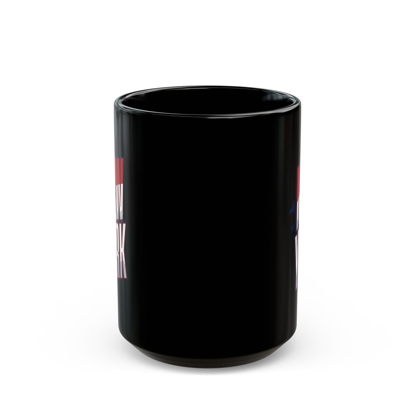 Black mug with "NEW YORK" text in red and white.