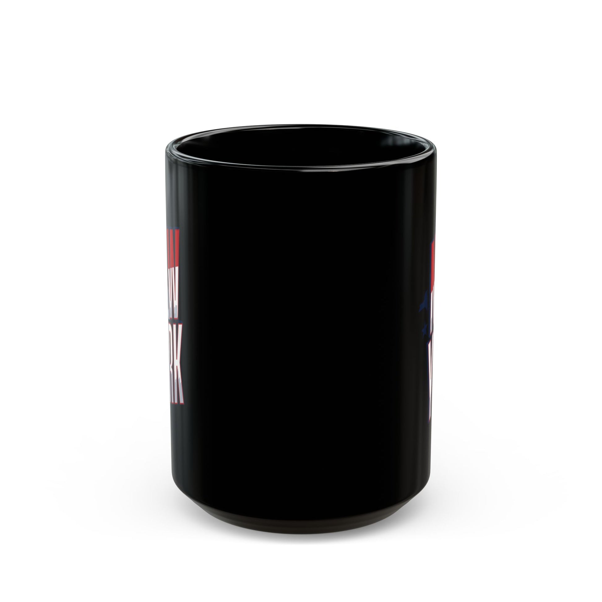 Black mug with "NEW YORK" text in red and white.
