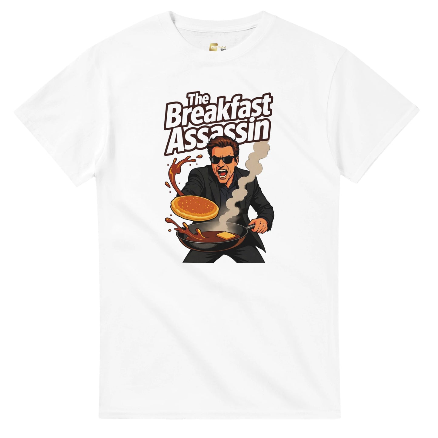 The Breakfast Assassin graphic design on a Heavyweight T-shirt