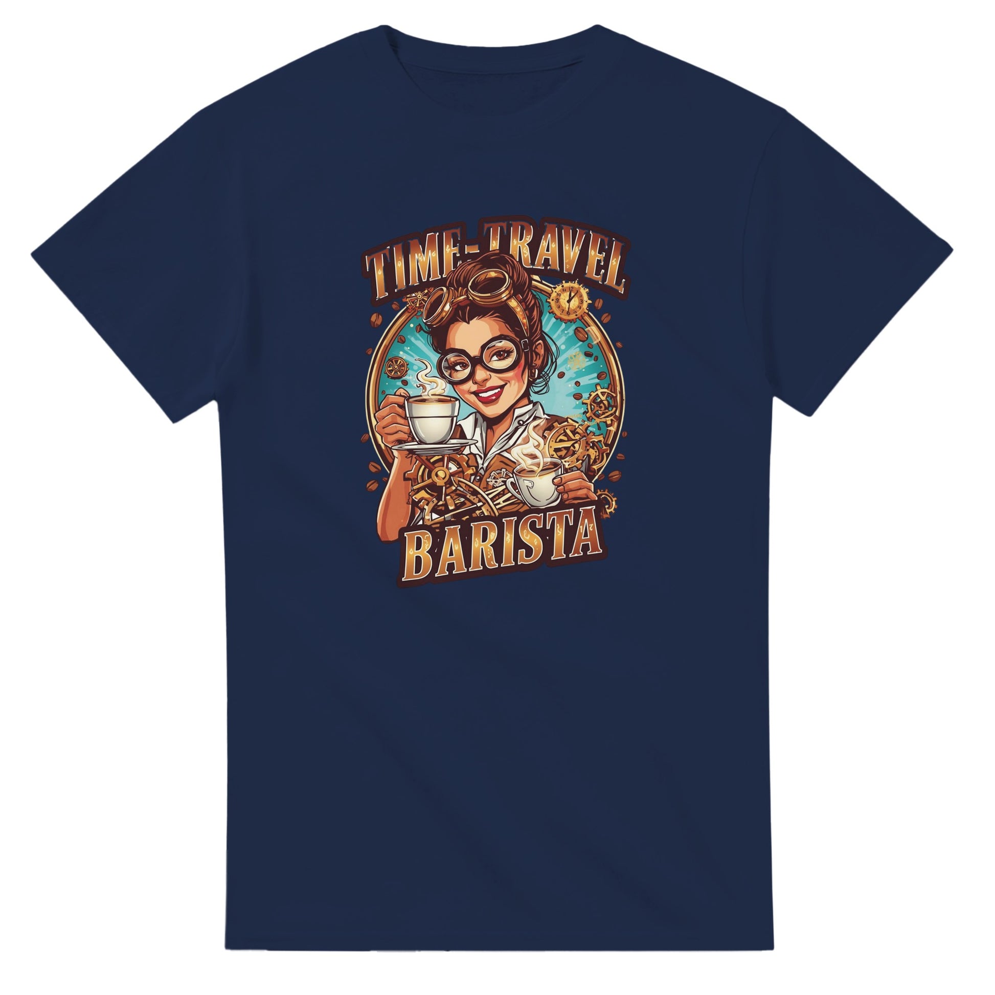 Time-Travel Barista graphic design on a Heavyweight T-shirt