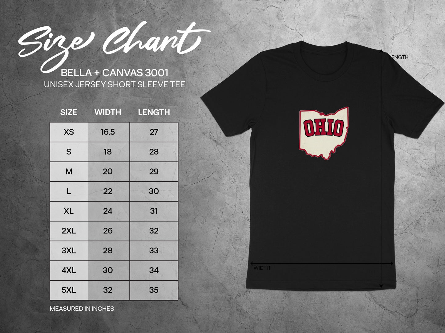 Size chart for Bella+Canvas 3001 unisex t-shirt with Ohio graphic.