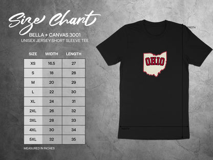 Size chart for Bella+Canvas 3001 unisex t-shirt with Ohio graphic.