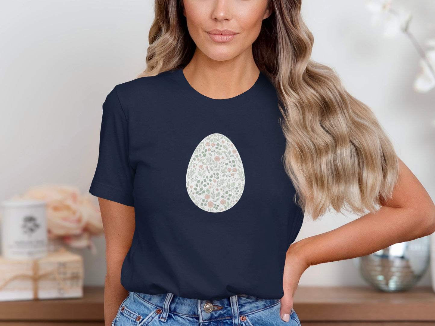 Floral Egg Graphic on Navy Blue Casual Shirt