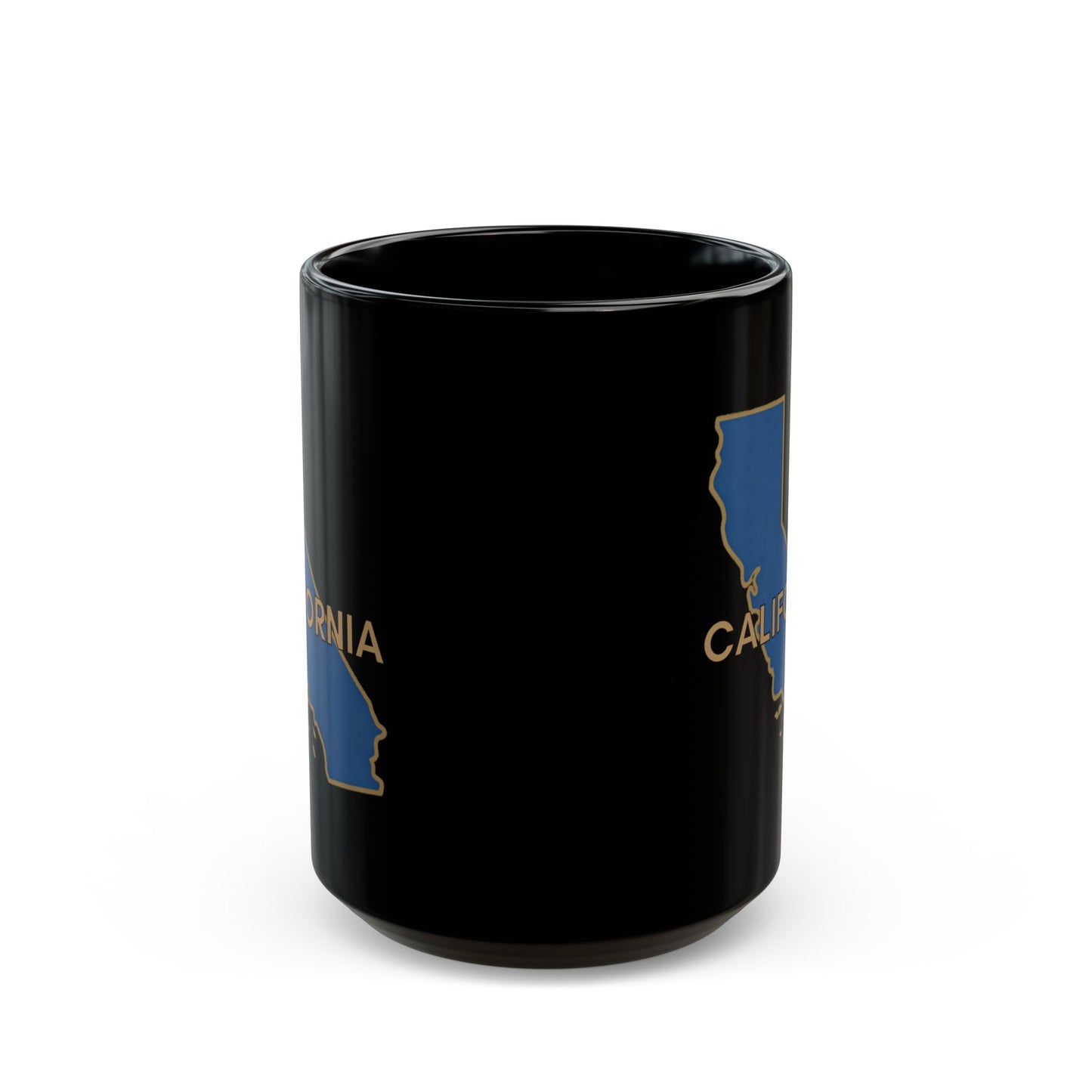 Black mug with California outline and text.