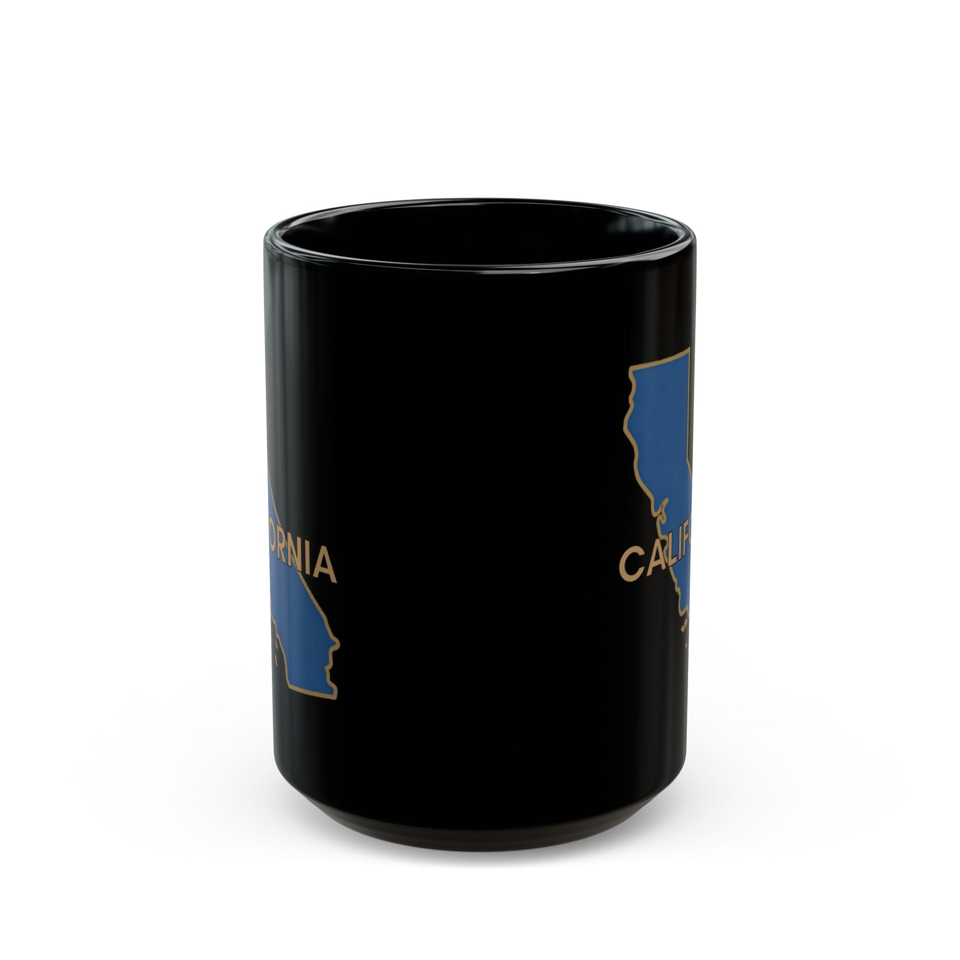 Black mug with California outline and text.