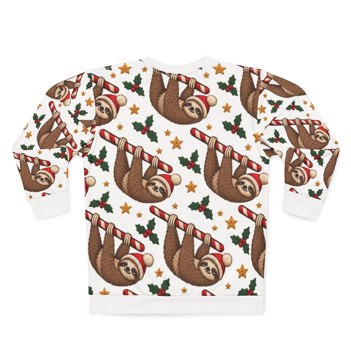 White sweatshirt with a repeating pattern of sloths, candy canes, holly, and stars.