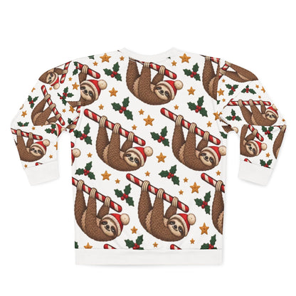 White sweatshirt with a repeating pattern of sloths, candy canes, holly, and stars.